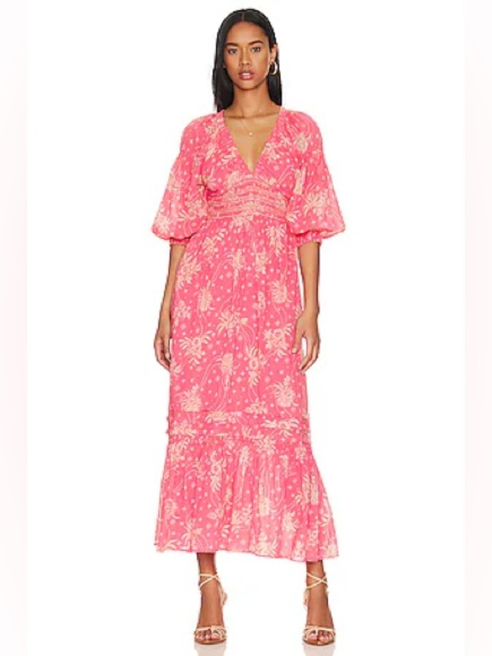Free People Golden Hour Maxi Dress Pink Coral Floral Smocked Boho Size M